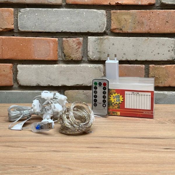 Гирлянда штора &laquo;Роса&raquo; от USB + 220V + пульт, 3x3м, 300 LED, 10 нитей, 8 режимов, IP44 +Подарок 2446636723 фото