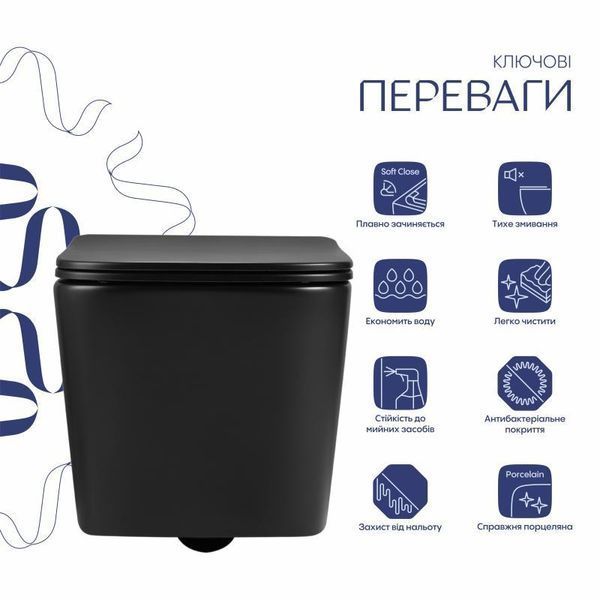 Унитаз подвесной Qtap Crow Ultra Quiet 485&times;340&times;290 мм, Matt Black, с сиденьем Slim Duroplast/ Soft-close/ Quick Release 2855950230 фото