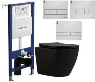 Комплект 5в1: Инсталляция Koller pool + Болезободковый Подвесной унитаз Qtap Robin Matt Black Торнадо + белая клавиша 3017599698 фото