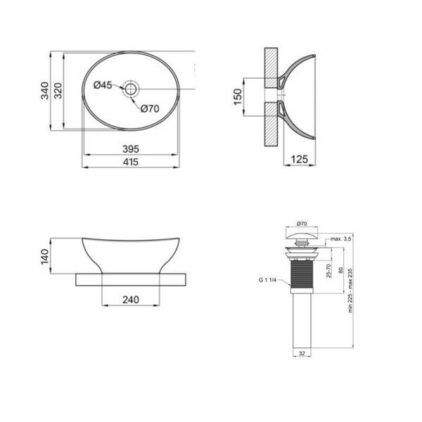 Комплект Qtap Dove: Раковина накладна овальна 410x335x145 мм Matt Black + Донний клапан PU03 2364863852 фото