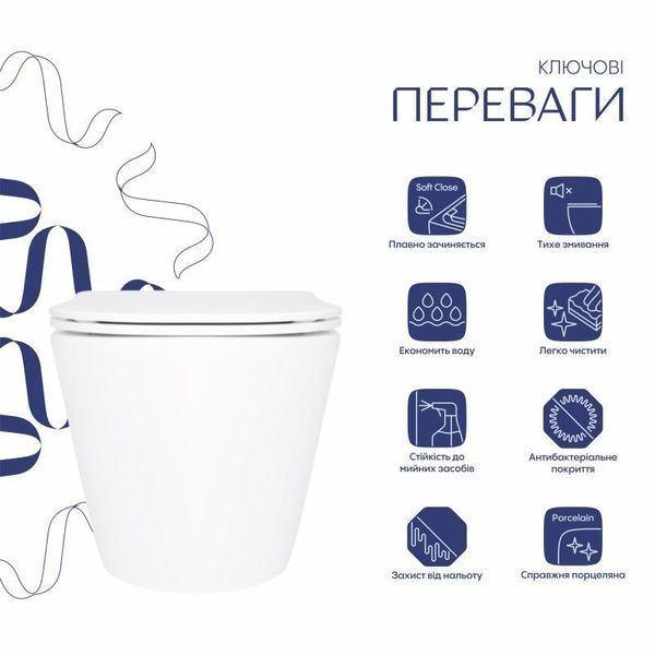 Унітаз підвісний Qtap Swan безобідковий з сідінням Soft-close QT16335180W 2576933204 фото