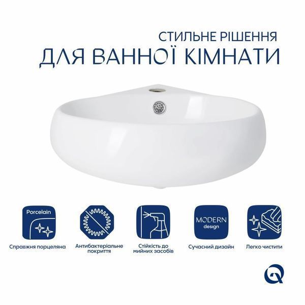 Комплект Qtap Leo N: Раковина підвісна угловая овальна 380x360x130 мм WHITE + Донний клапан PU02O 2369425252 фото