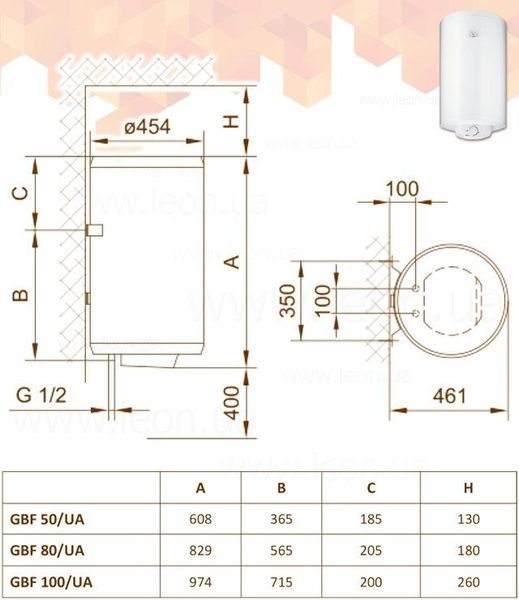 Водонагреватель GBF 50/UA 2 х 1,0 кВт 50 л 608 х 454 х 461 мм GORENJE 294065 фото