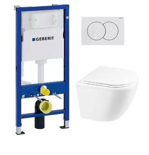 Инсталляция Geberit с кнопкой +Унитаз Robin подвесной Rimless 490x370x360 мм с сиденьем Slim Duroplast GBRW фото