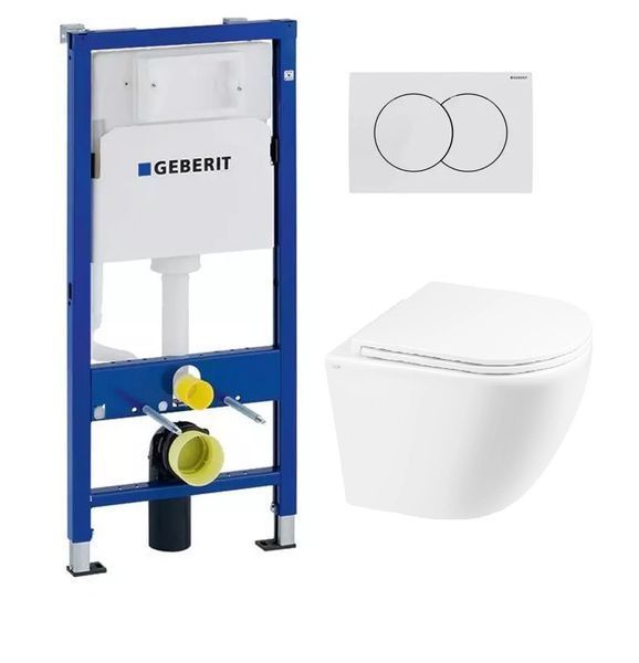 Инсталляция Geberit с кнопкой +Унитаз Robin подвесной Rimless 490x370x360 мм с сиденьем Slim Duroplast GBRW фото