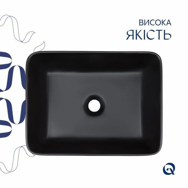 Комплект Qtap Tern: Раковина накладна прамокутна 475х370х140 мм Matt Black + Донний клапан PU03 2364863829 фото