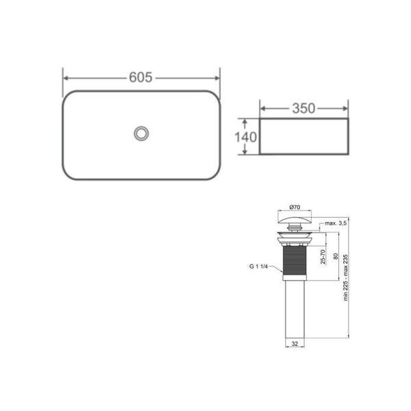 Комплект Qtap Tern: Раковина накладна прамокутна 605x350x140 мм WHITE + Донний клапан PU02 2364863848 фото
